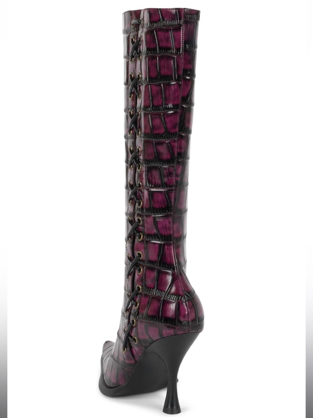 Jeffrey Campbell STUNNA Lace-Up Knee Boot in Raspberry Black Croco - Picture 4 of 5